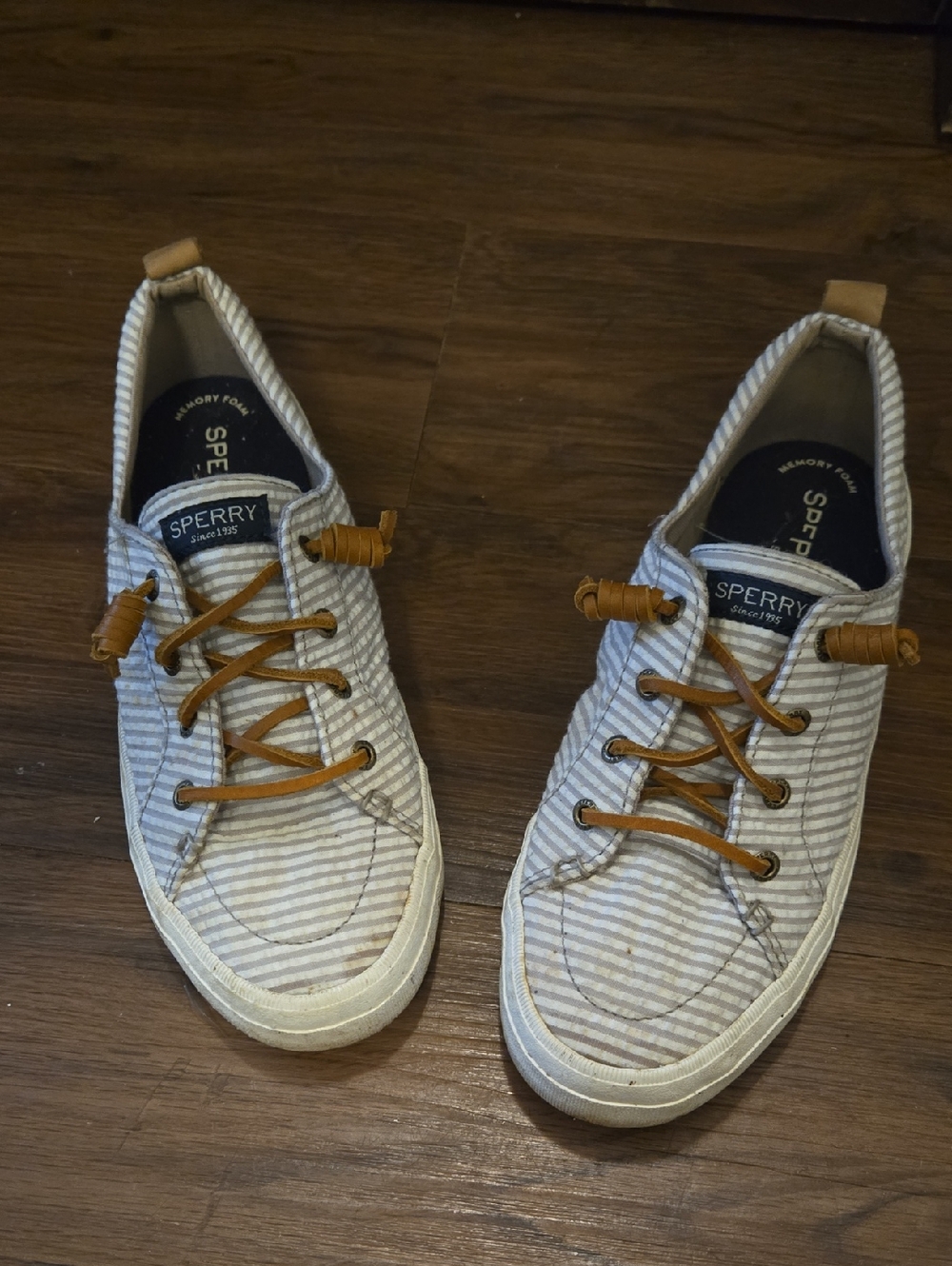 Sperry Striped Canvas Boat Shoes in Light Gray with Brown Laces